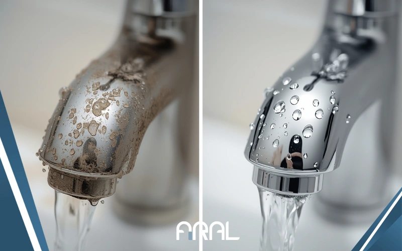 قبل و بعد از تمیز کردن شیرآلات با رسوب آهکی و لکه‌های آب